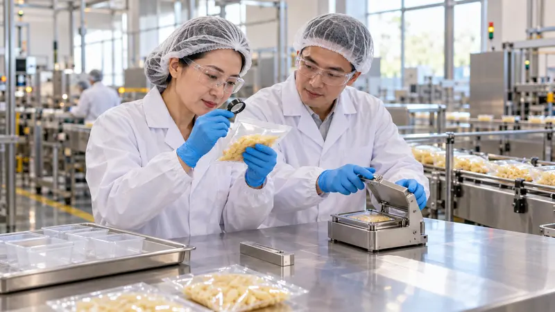 一位华人质量保证经理与同事穿戴防护装备，在食品工厂检查包装封口质量。
