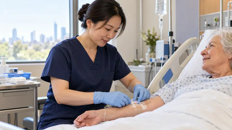 一名华人注册护士在澳大利亚医院病房里为老年患者检查并固定静脉留置针敷贴。