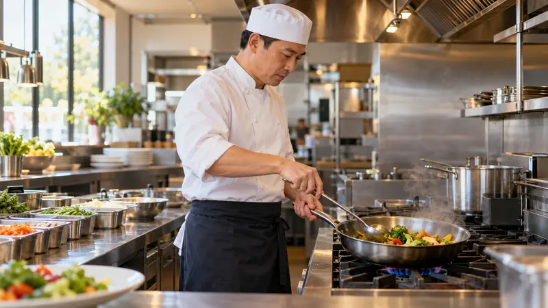 一位身穿白色厨师服、头戴厨师帽的华人厨师正在餐厅厨房的燃气灶前翻炒蔬菜。