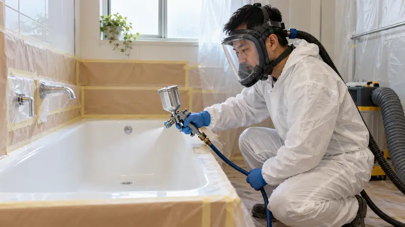一名华人技师穿戴防护服、手套和呼吸面罩，在做好遮蔽的浴室内用喷枪翻新浴缸。