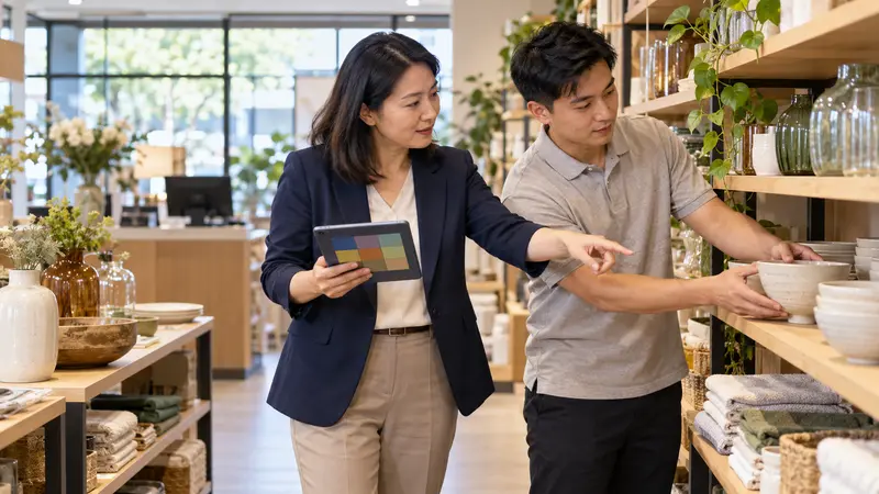 一位华人门店经理手持平板电脑，指导男员工调整家居用品的货架陈列。