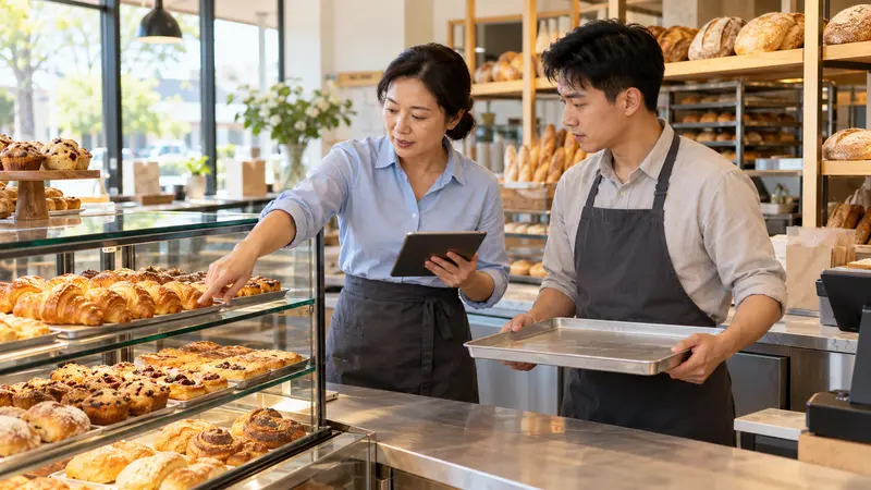 华人烘焙店经理手持平板检查糕点陈列，与端着空托盘的店员协调补货。