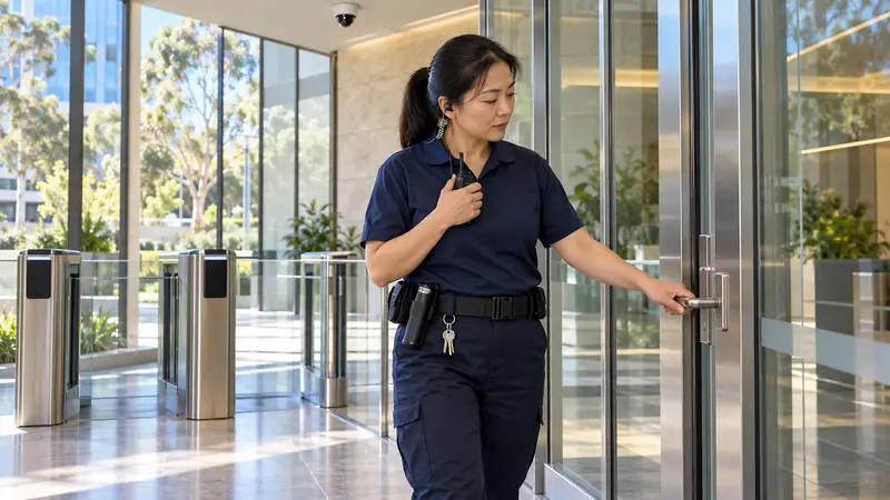 一名华人女保安在办公楼大厅手持对讲机，检查玻璃门的门锁。