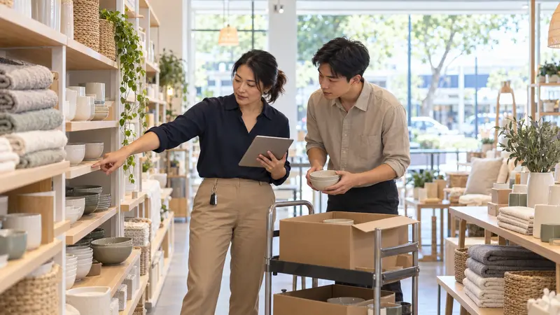华人女店长手持平板电脑，在家居用品店指导男店员补货和调整陈列。