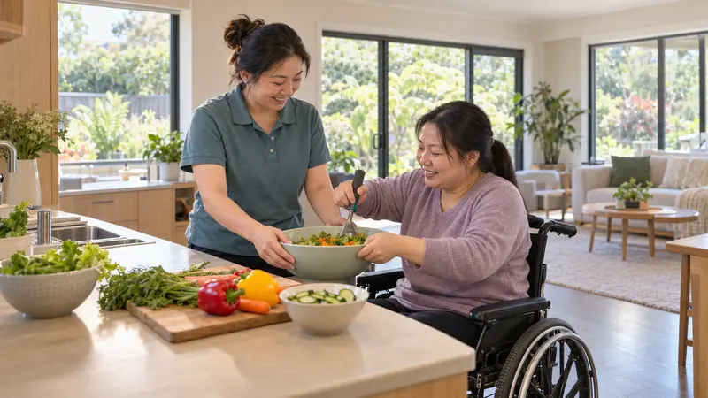 一名华人残障支持员在明亮的居家厨房协助坐轮椅的女子制作沙拉。
