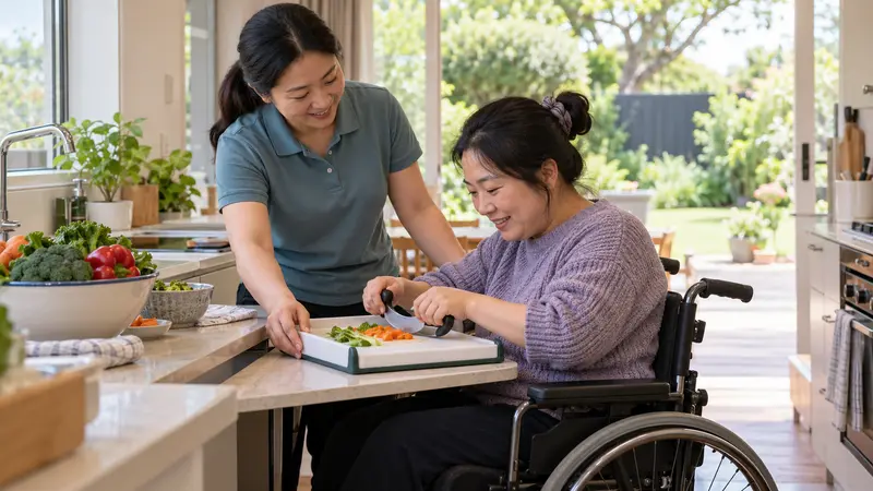 一名华人残障支持护理员在家中厨房协助坐轮椅的女性使用辅助刀具切菜。