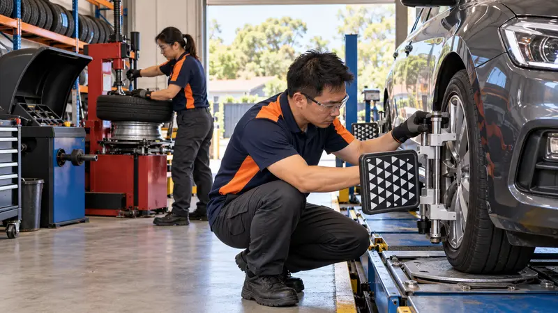 两名华人技工在汽车维修车间工作，一人安装四轮定位夹具，另一人操作轮胎拆装机。