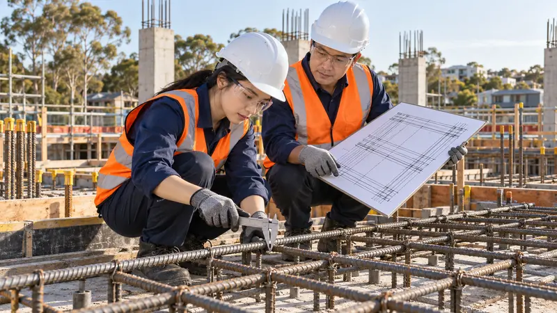 一名中国女实习工程师戴着安全帽在澳大利亚工地测量钢筋，身旁的男工程师持图纸协助核查。